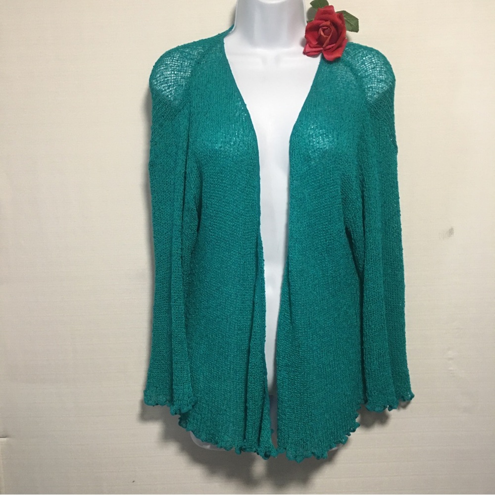 KAKTUS Open drape front Cardigan sweater loose weave lettuce hem teal green L/XL